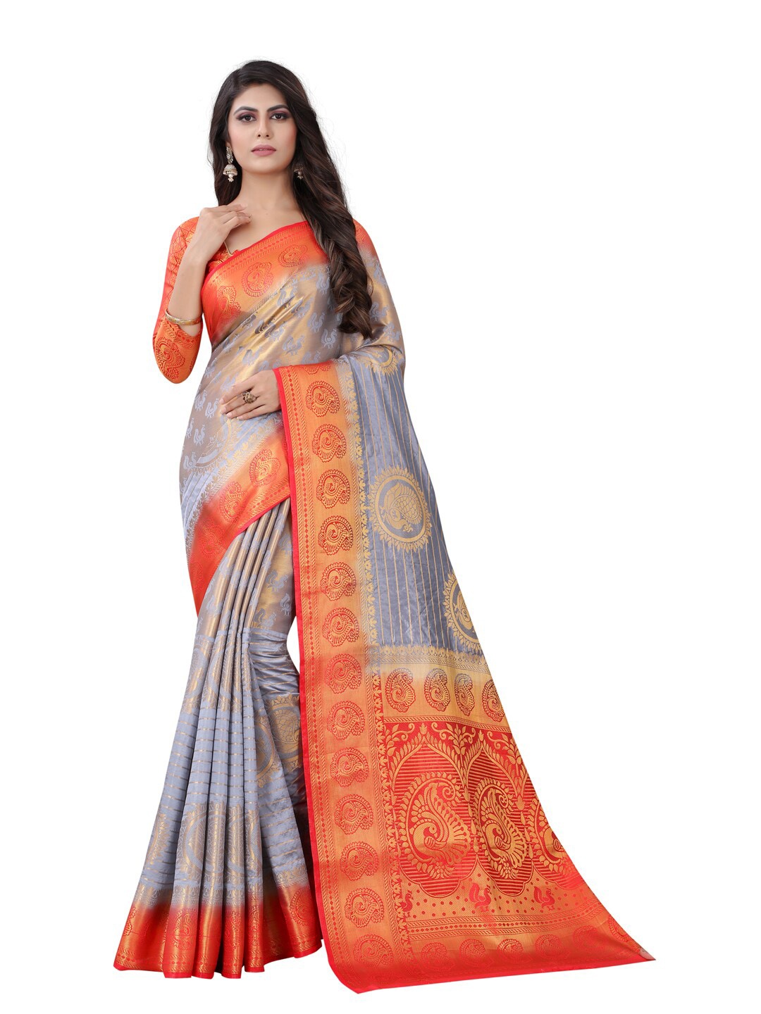 

PERFECT WEAR Red & Grey Ethnic Motifs Zari Silk Cotton Banarasi Saree