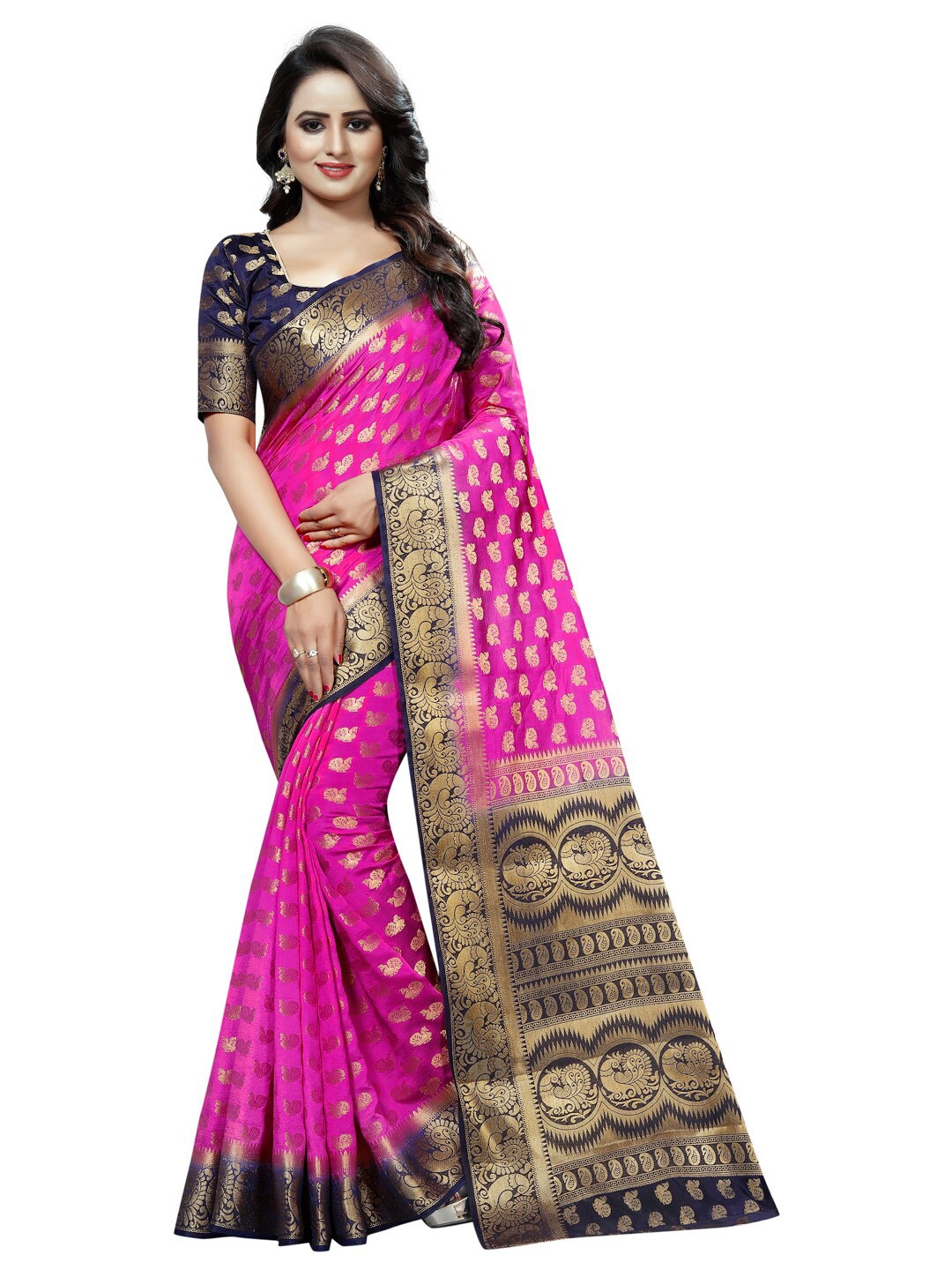 

PERFECT WEAR Pink & Navy Blue Ethnic Motifs Zari Silk Cotton Banarasi Saree