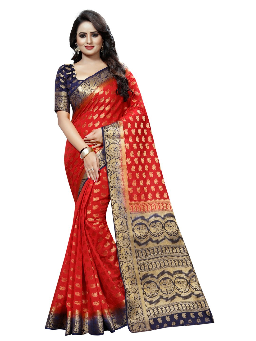 

PERFECT WEAR Red & Blue Woven Design Zari Silk Cotton Banarasi Saree