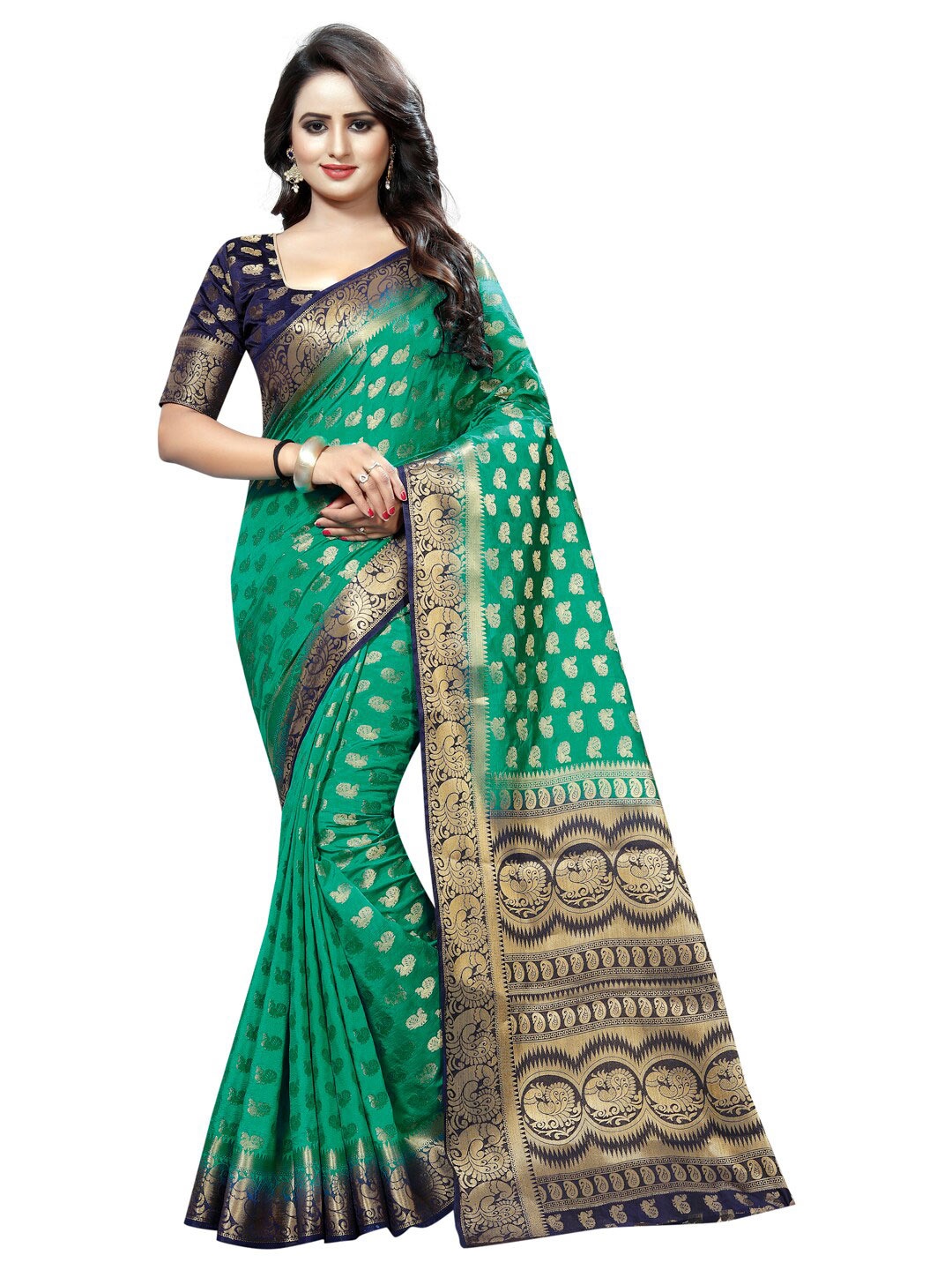 

PERFECT WEAR Green & Navy Blue Ethnic Motifs Zari Silk Cotton Banarasi Saree