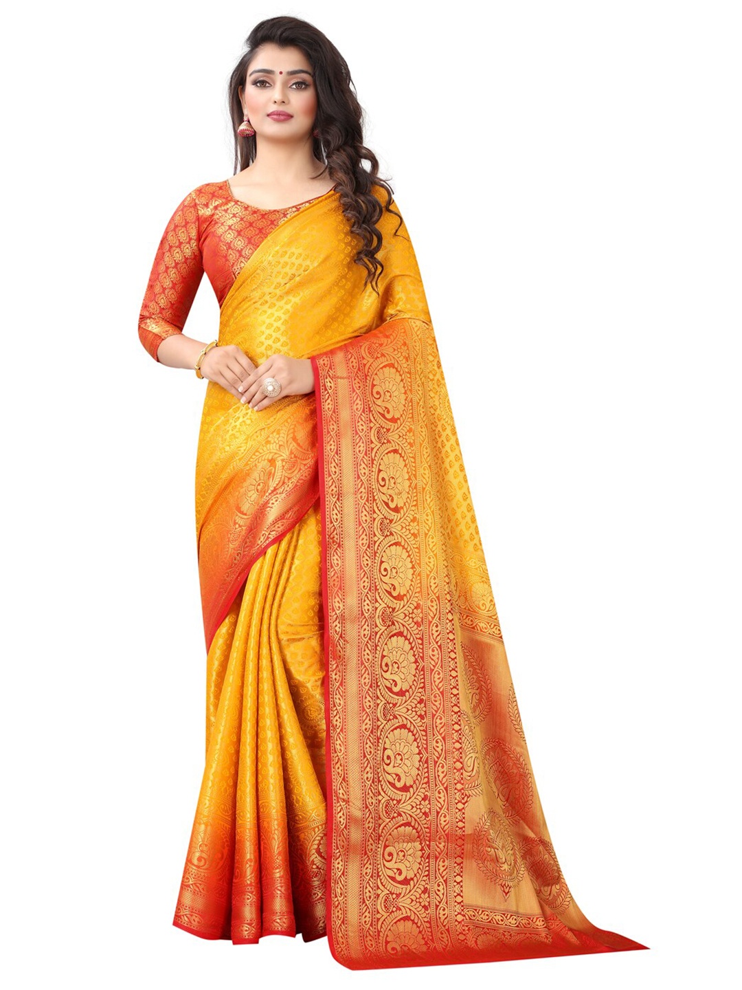 

PERFECT WEAR Yellow & Red Ethnic Motifs Silk Cotton Banarasi Saree