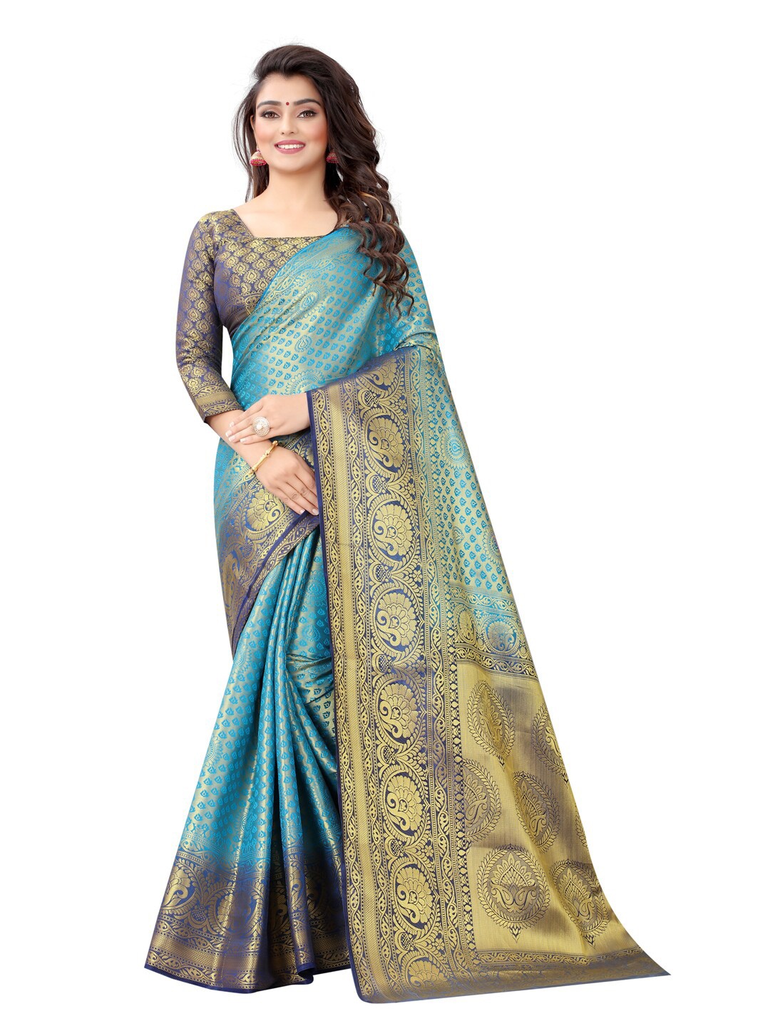 

PERFECT WEAR Blue & Violet Ethnic Motifs Zari Silk Cotton Banarasi Saree