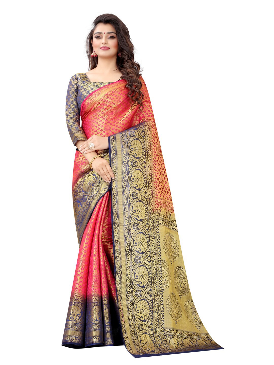 

PERFECT WEAR Pink & Grey Woven Design Zari Silk Cotton Banarasi Saree