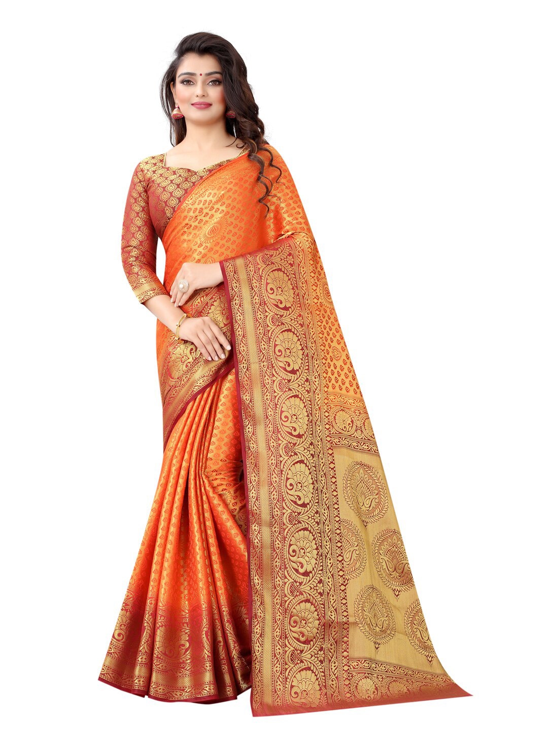 

PERFECT WEAR Rust & Maroon Ethnic Motifs Zari Silk Cotton Banarasi Saree