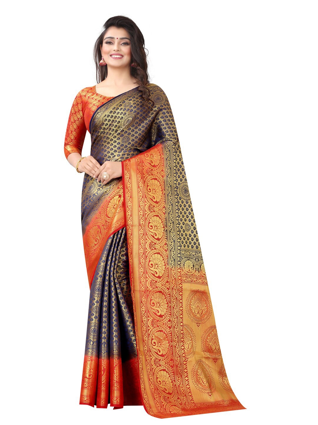 

PERFECT WEAR Navy Blue & Red Ethnic Motifs Zari Silk Cotton Banarasi Saree