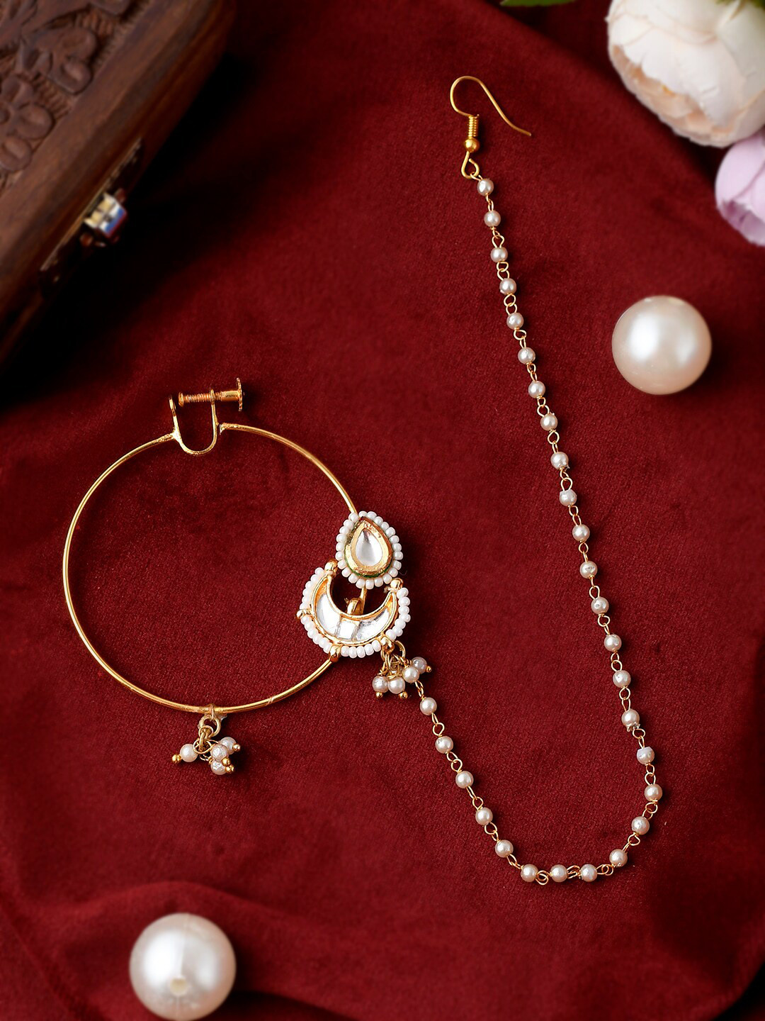 

Shoshaa White & Gold-Plated Kundan Beaded Chain Linked Bridal Nosepin