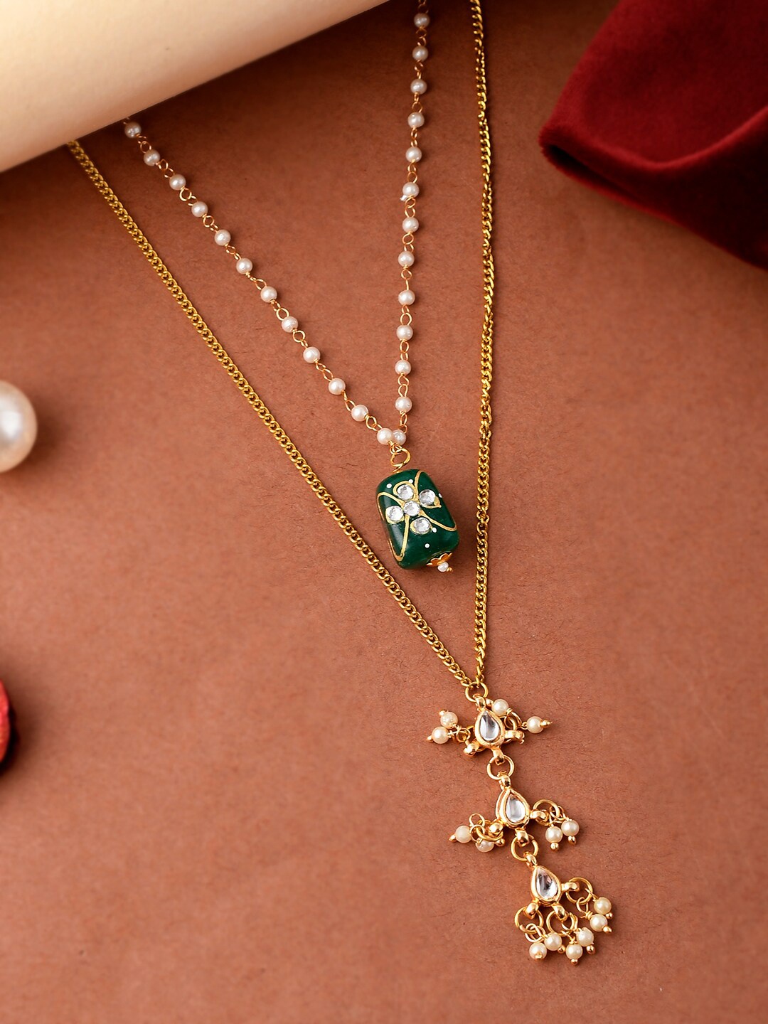 

Shoshaa Gold-Plated Green & White Kundan Stone Studded & Beaded Brass Layered Necklace