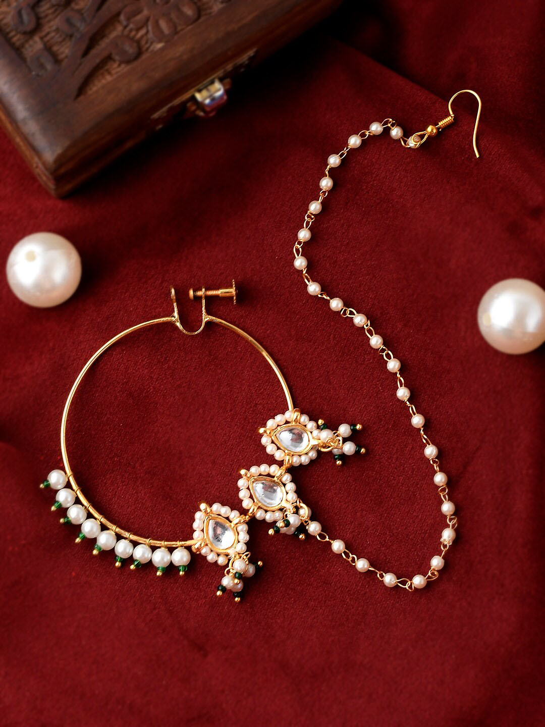 

Shoshaa Green & White Gold-Plated Kundan-Studded & Beaded Chain Linked Nose Ring