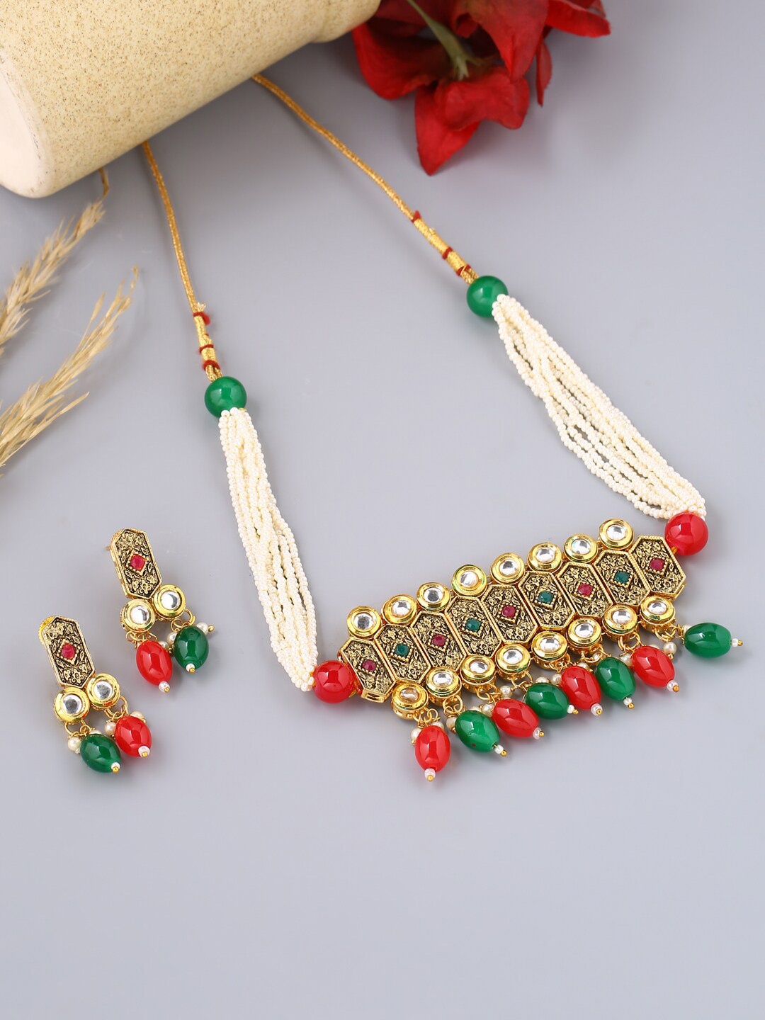 

Shoshaa Gold-Plated Green & Red Kundan Studded Choker Jewellery Set