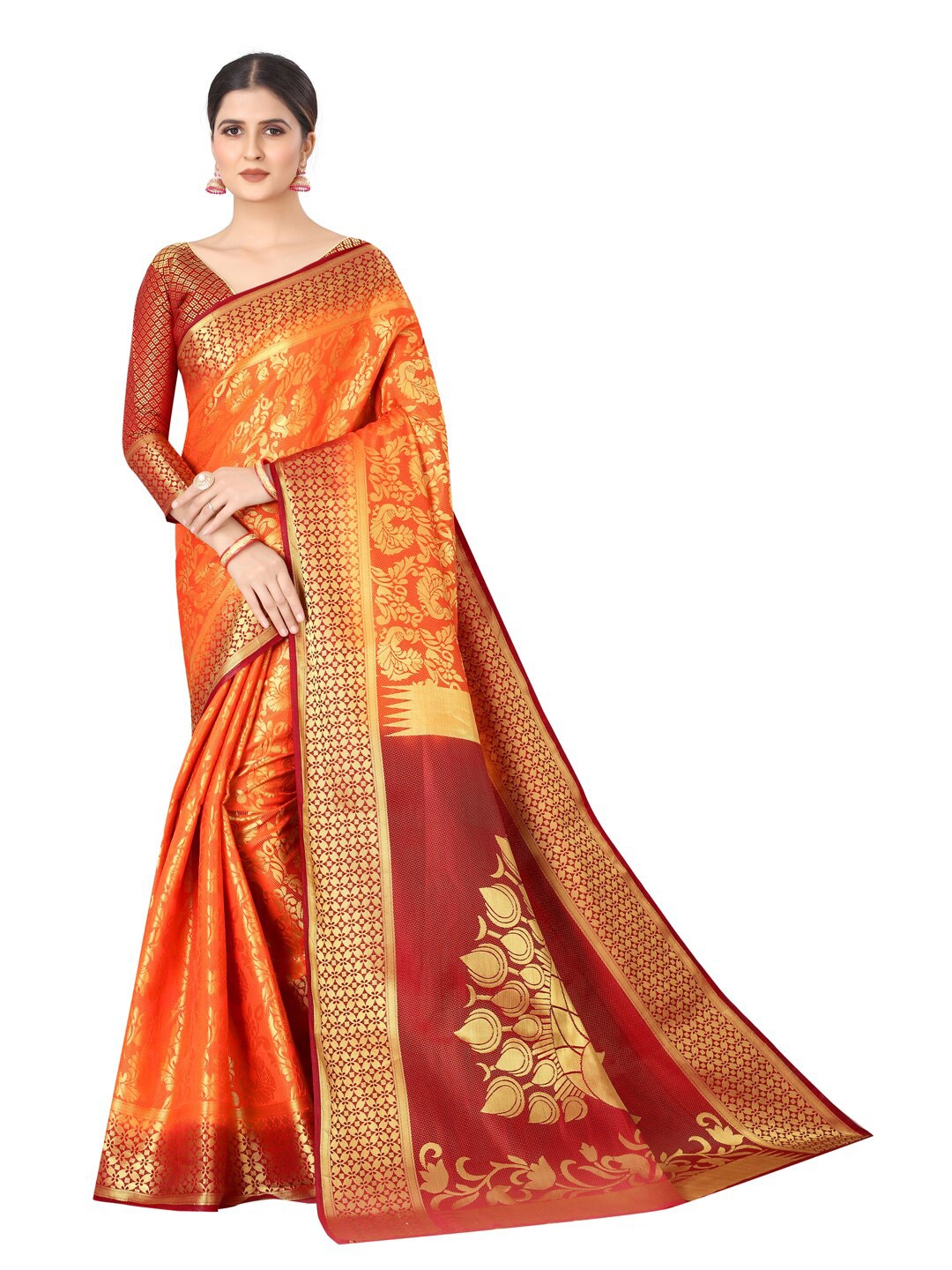 

PERFECT WEAR Orange & Brown Woven Design Zari Silk Cotton Banarasi Saree