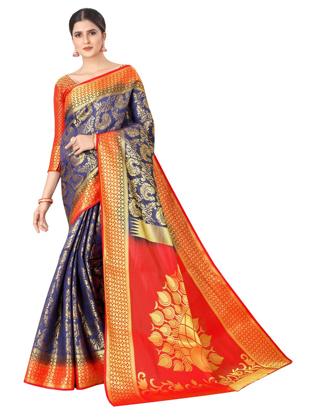 

PERFECT WEAR Blue & Red Ethnic Motifs Silk Cotton Banarasi Saree