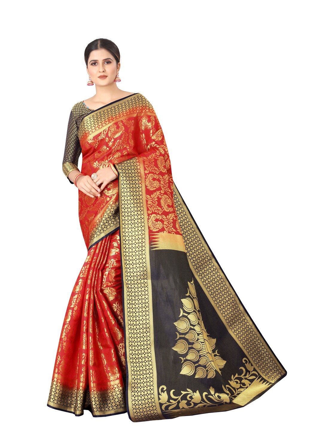 

PERFECT WEAR Red & Navy Blue Ethnic Motifs Zari Silk Cotton Banarasi Saree