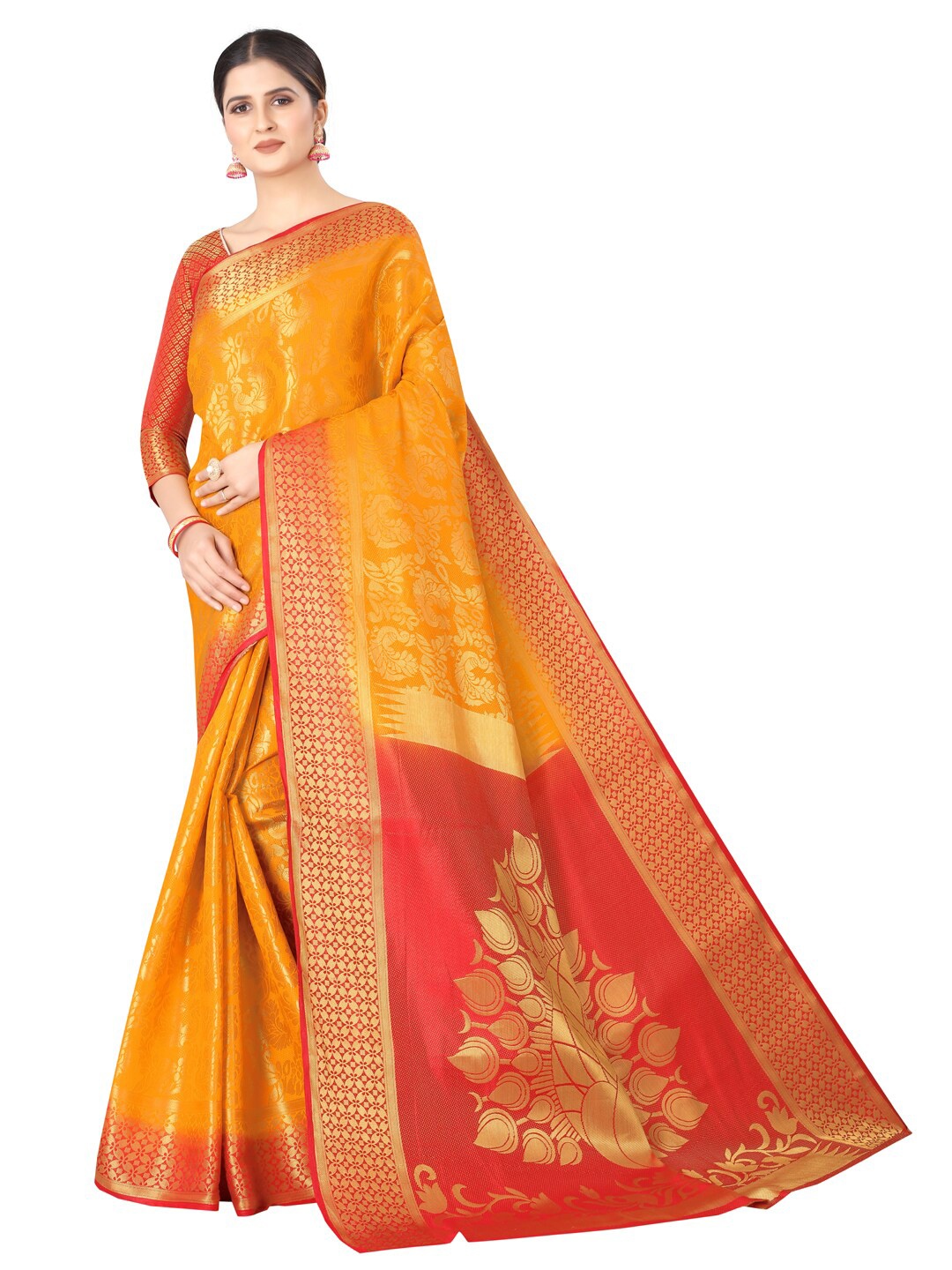 

PERFECT WEAR Yellow & Red Woven Design Zari Silk Cotton Banarasi Saree