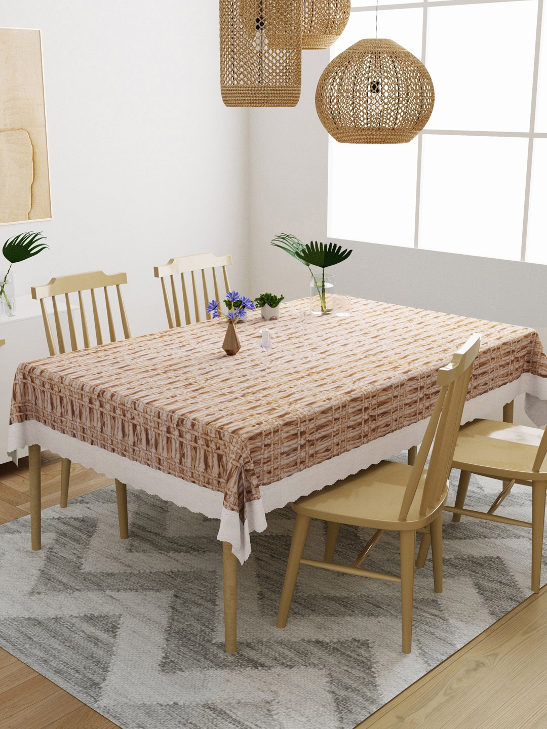 

DREAM WEAVERZ Beige & White Printed Rectangle 4 Seater Dining Table Cover