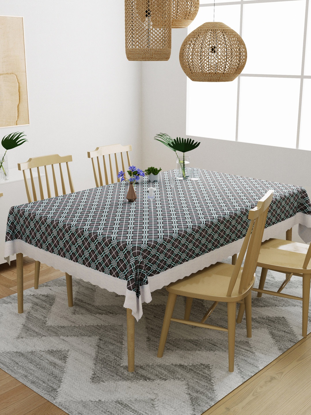 

DREAM WEAVERZ Grey & Turquoise Blue 4 Seater Checked Rectangle Dining Table Cover