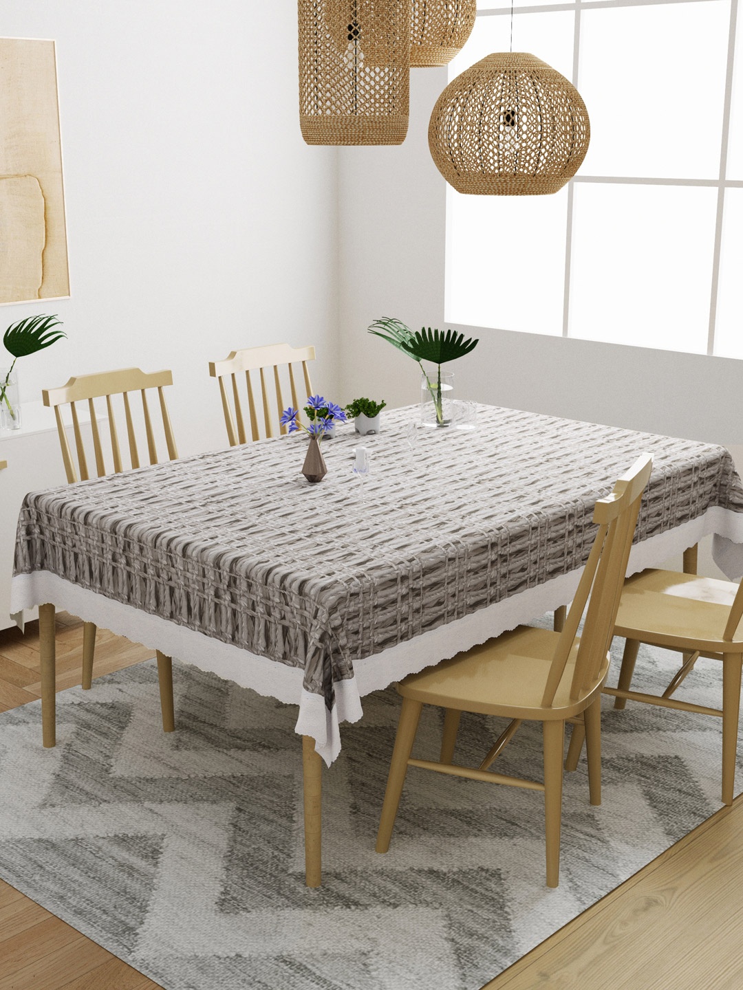 

DREAM WEAVERZ Grey & Brown Printed 4 Seater Dining Table Cover