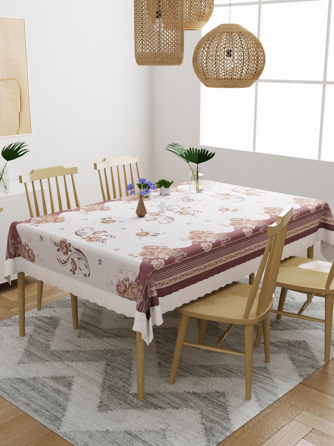 

DREAM WEAVERZ White & Marooon Floral Printed 4-Seater Table Cover