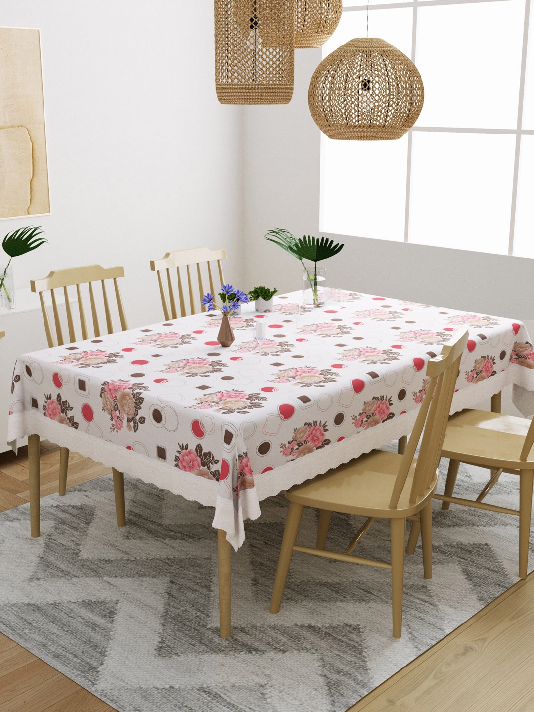 

DREAM WEAVERZ White Floral Printed 4-Seater Dining Table Cover
