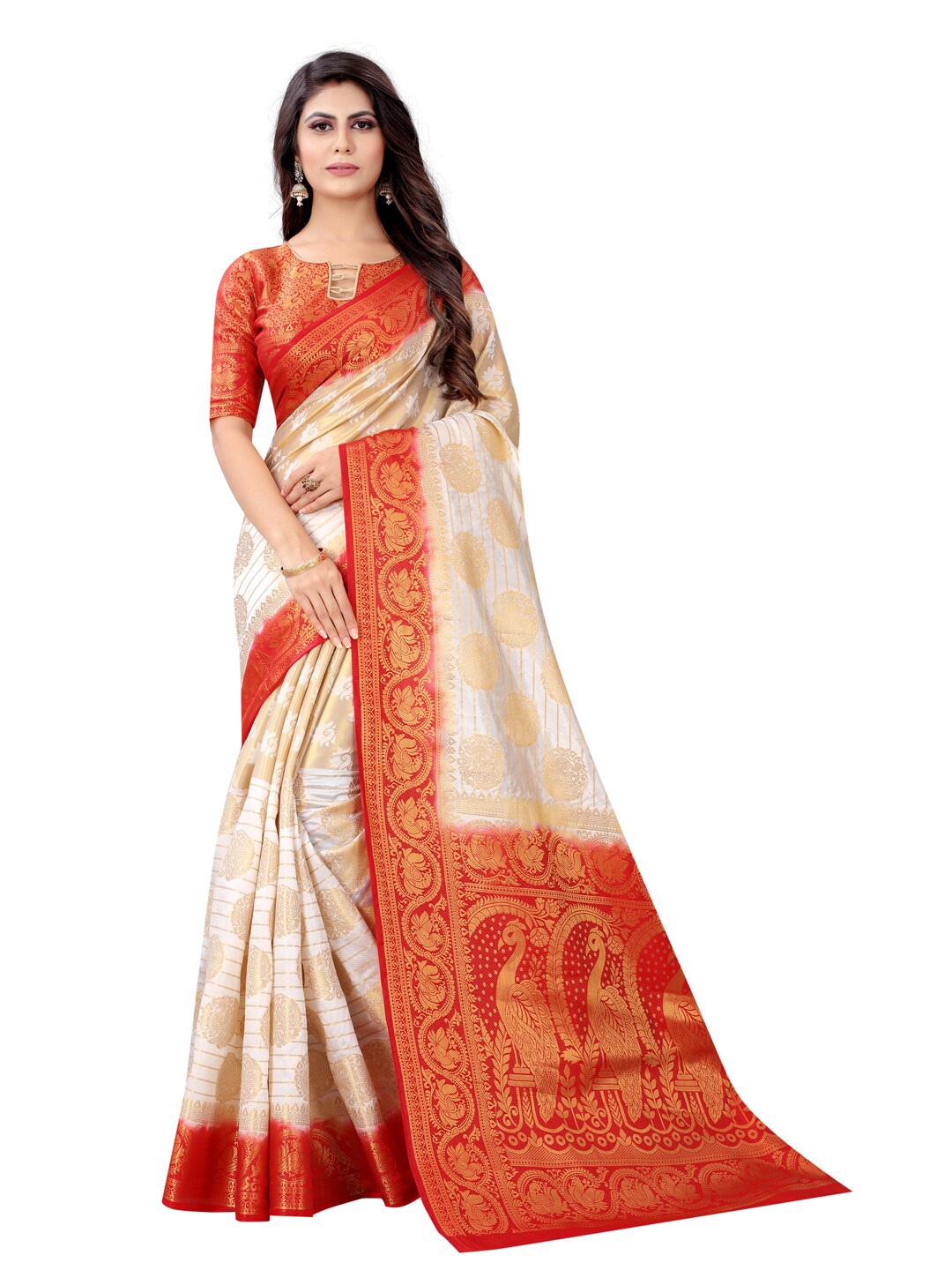 

PERFECT WEAR White & Red Woven Design Zari Silk Cotton Banarasi Saree