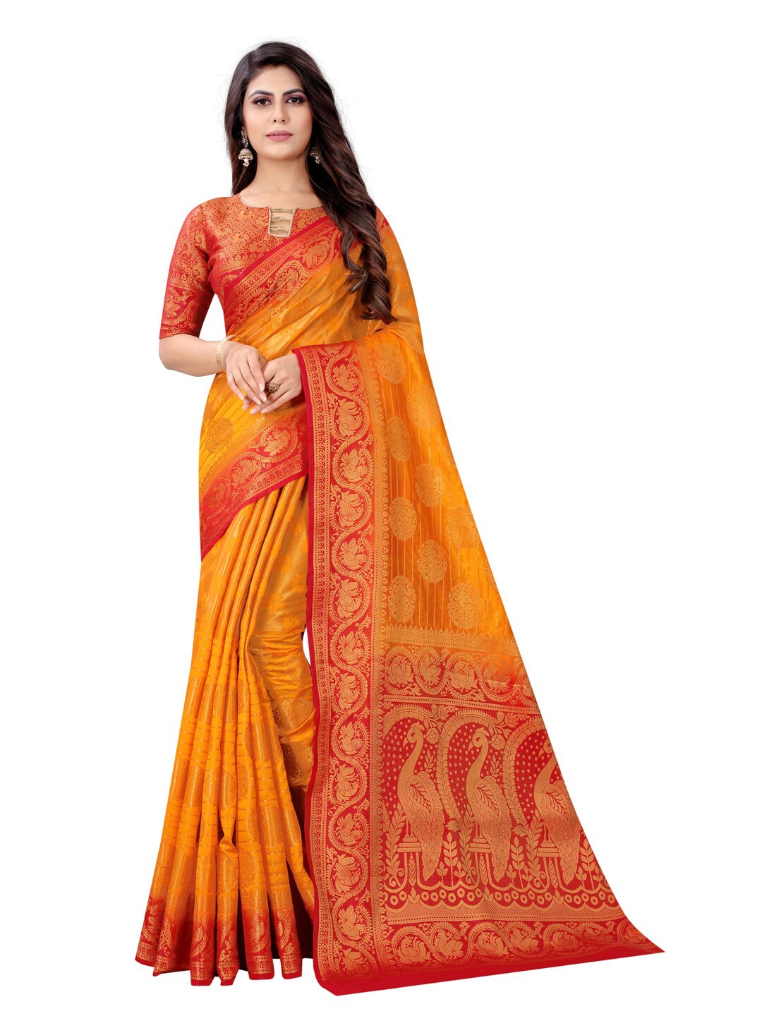 

PERFECT WEAR Mustard & Red Woven Design Zari Silk Cotton Banarasi Saree