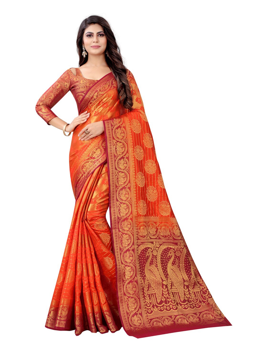 

PERFECT WEAR Orange & Red Woven Design Zari Silk Cotton Banarasi Saree