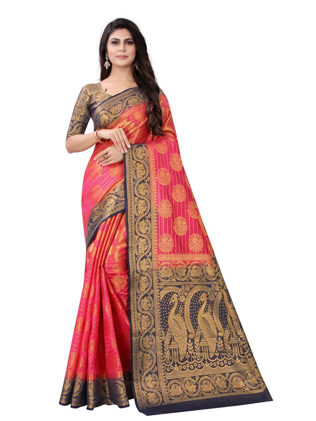 

PERFECT WEAR Pink & Blue Ethnic Motifs Silk Cotton Banarasi Saree
