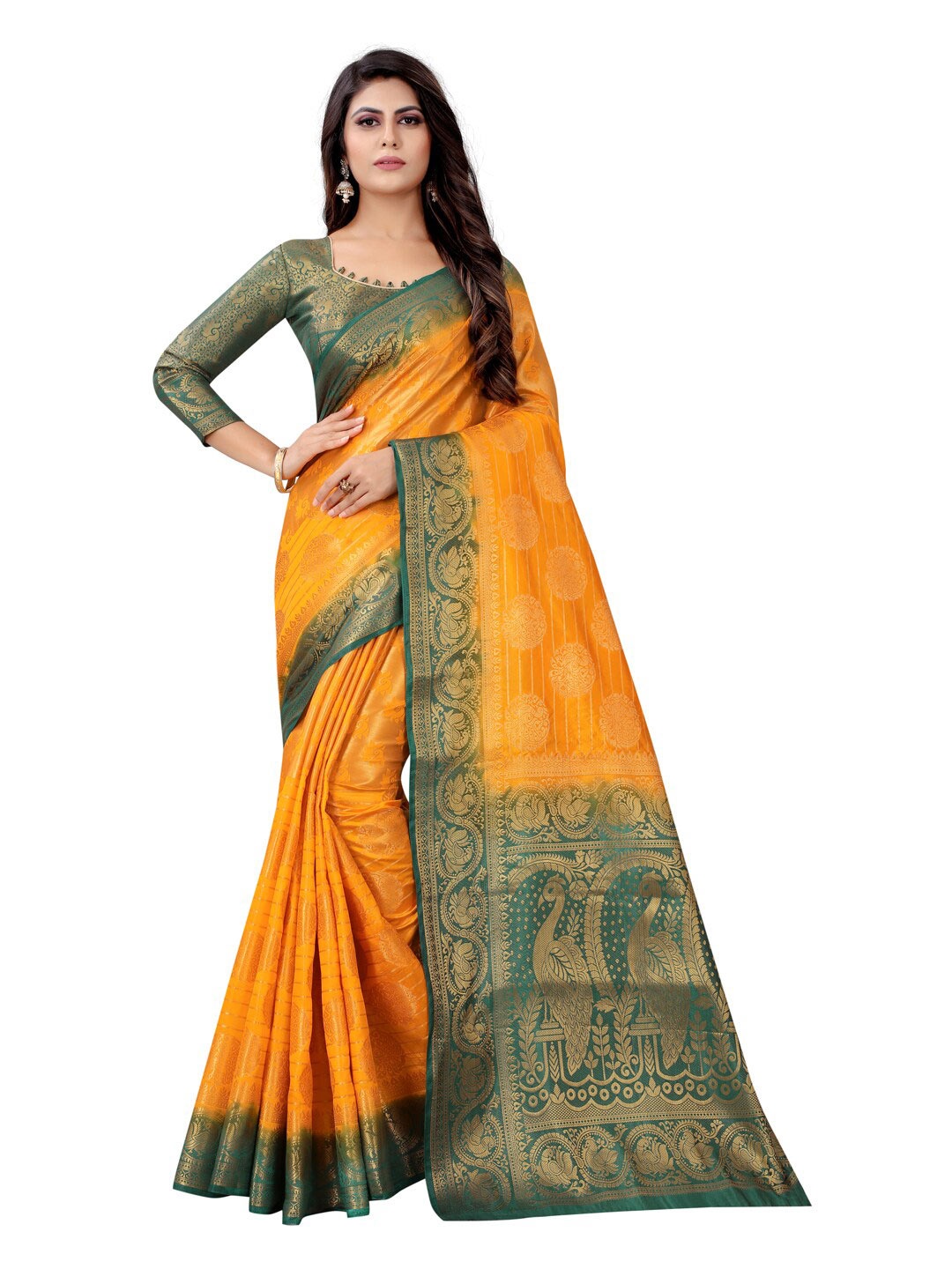 

PERFECT WEAR Mustard Yellow & Green Ethnic Motifs Zari Silk Cotton Banarasi Saree