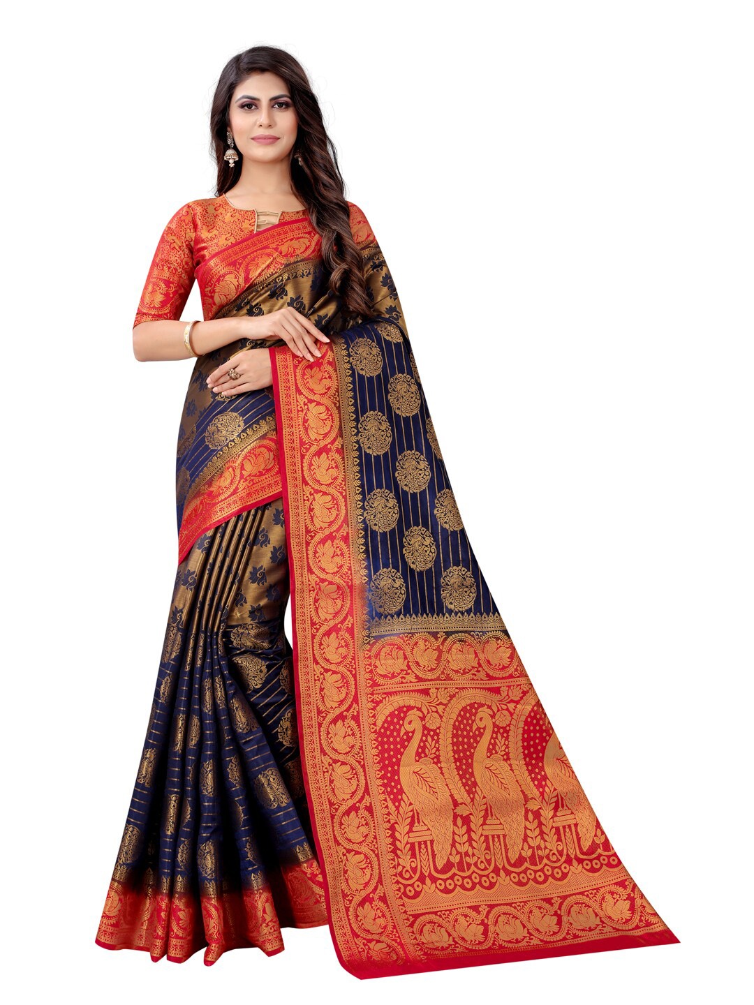 

PERFECT WEAR Navy Blue & Red Ethnic Motifs Zari Silk Cotton Banarasi Saree