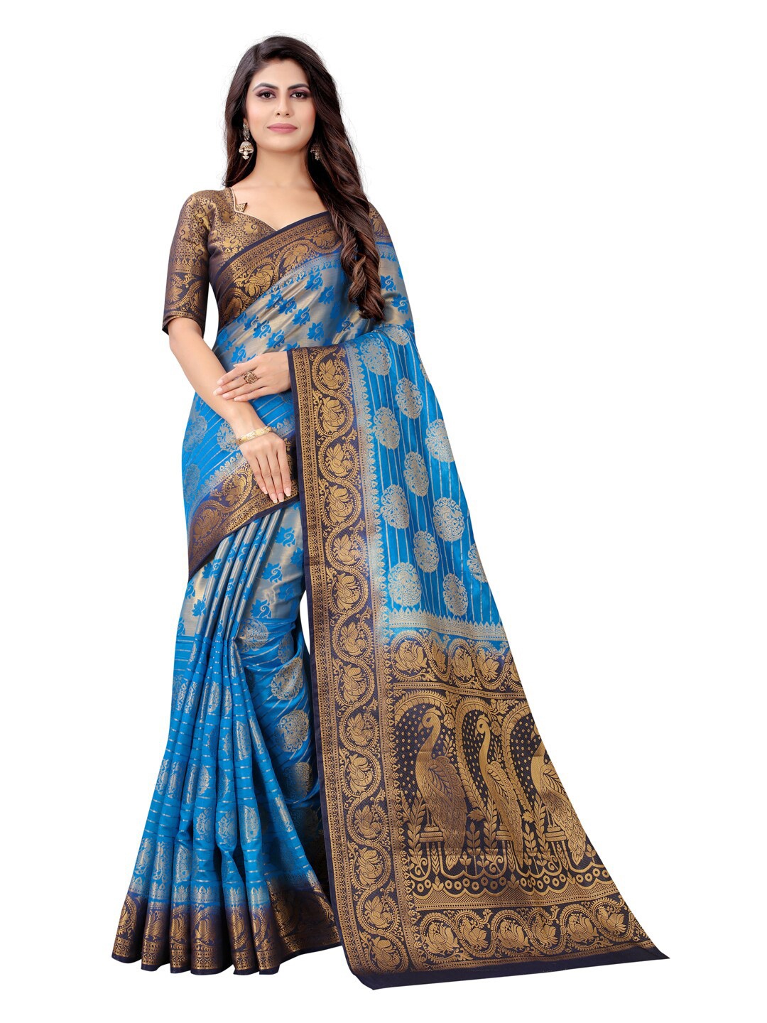 

PERFECT WEAR Blue & Gold-Toned Ethnic Motifs Zari Silk Cotton Banarasi Saree