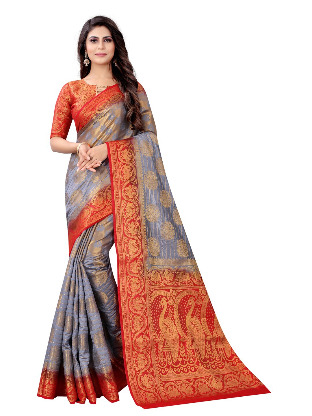 

PERFECT WEAR Grey & Red Woven Design Zari Silk Cotton Banarasi Saree