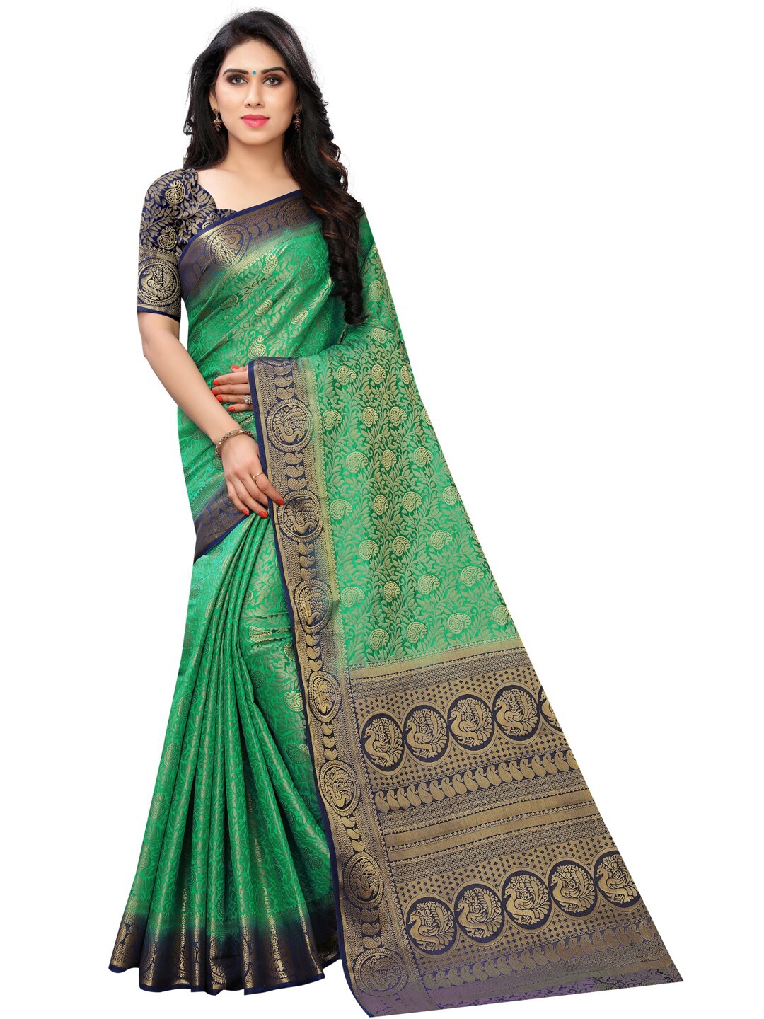 

PERFECT WEAR Green & Navy Blue Woven Design Zari Silk Cotton Banarasi Saree