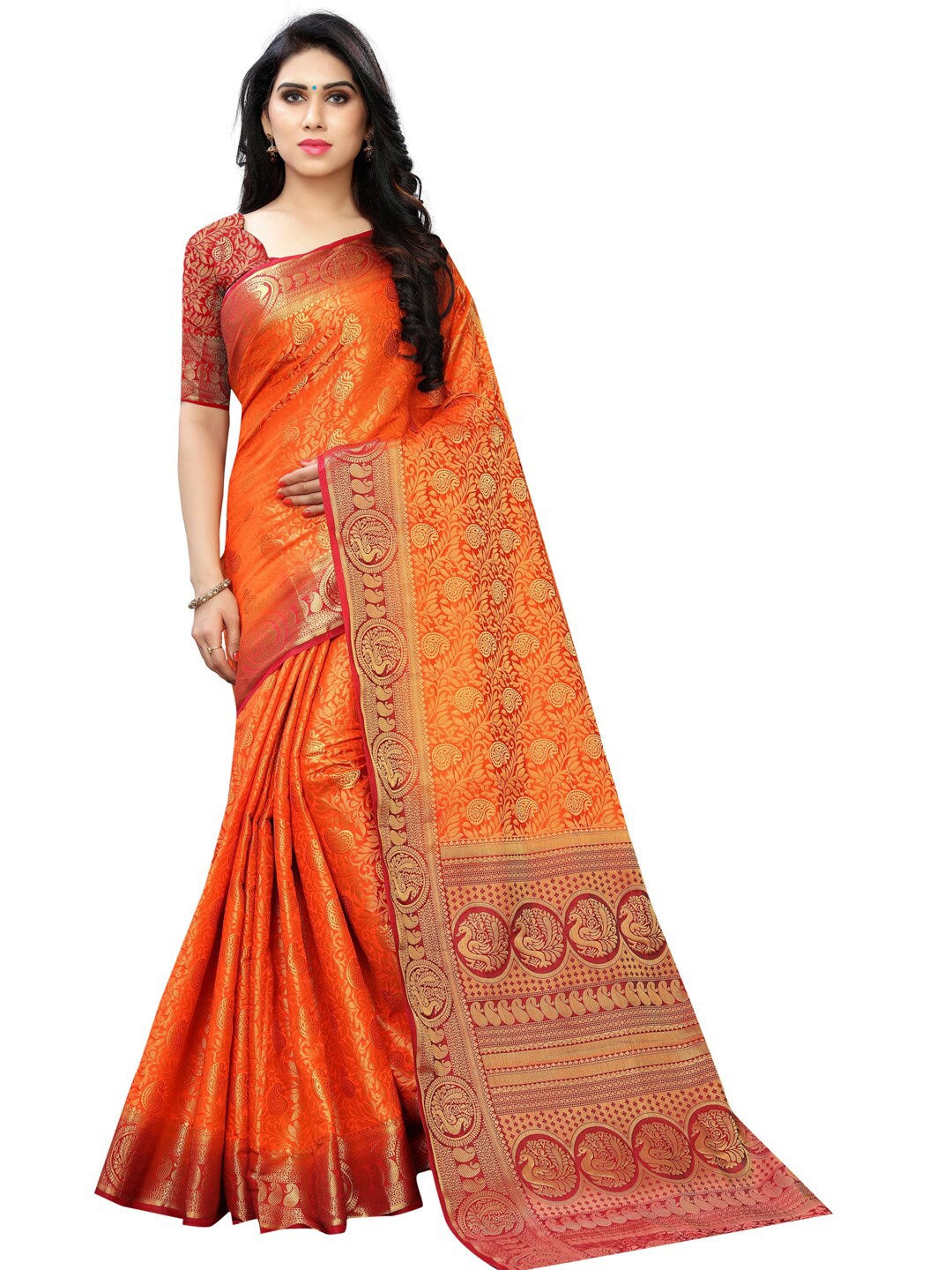 

PERFECT WEAR Orange & Red Ethnic Motifs Silk Cotton Banarasi Saree