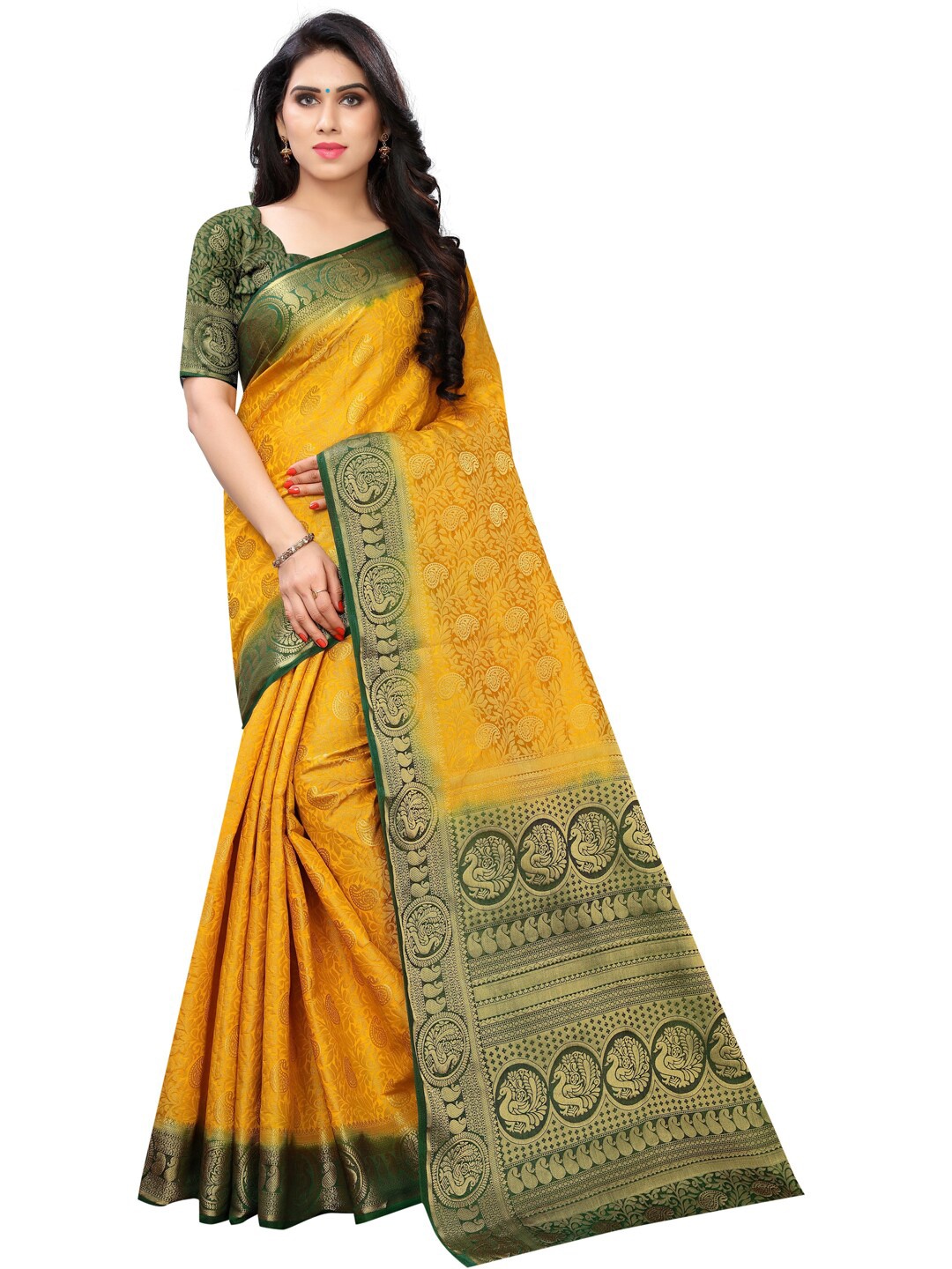 

PERFECT WEAR Yellow & Green Ethnic Motifs Zari Silk Cotton Banarasi Saree