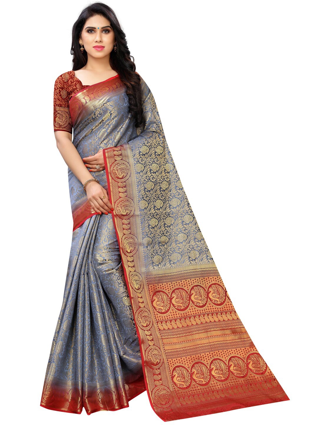 

PERFECT WEAR Grey & Red Ethnic Motifs Zari Silk Cotton Banarasi Saree