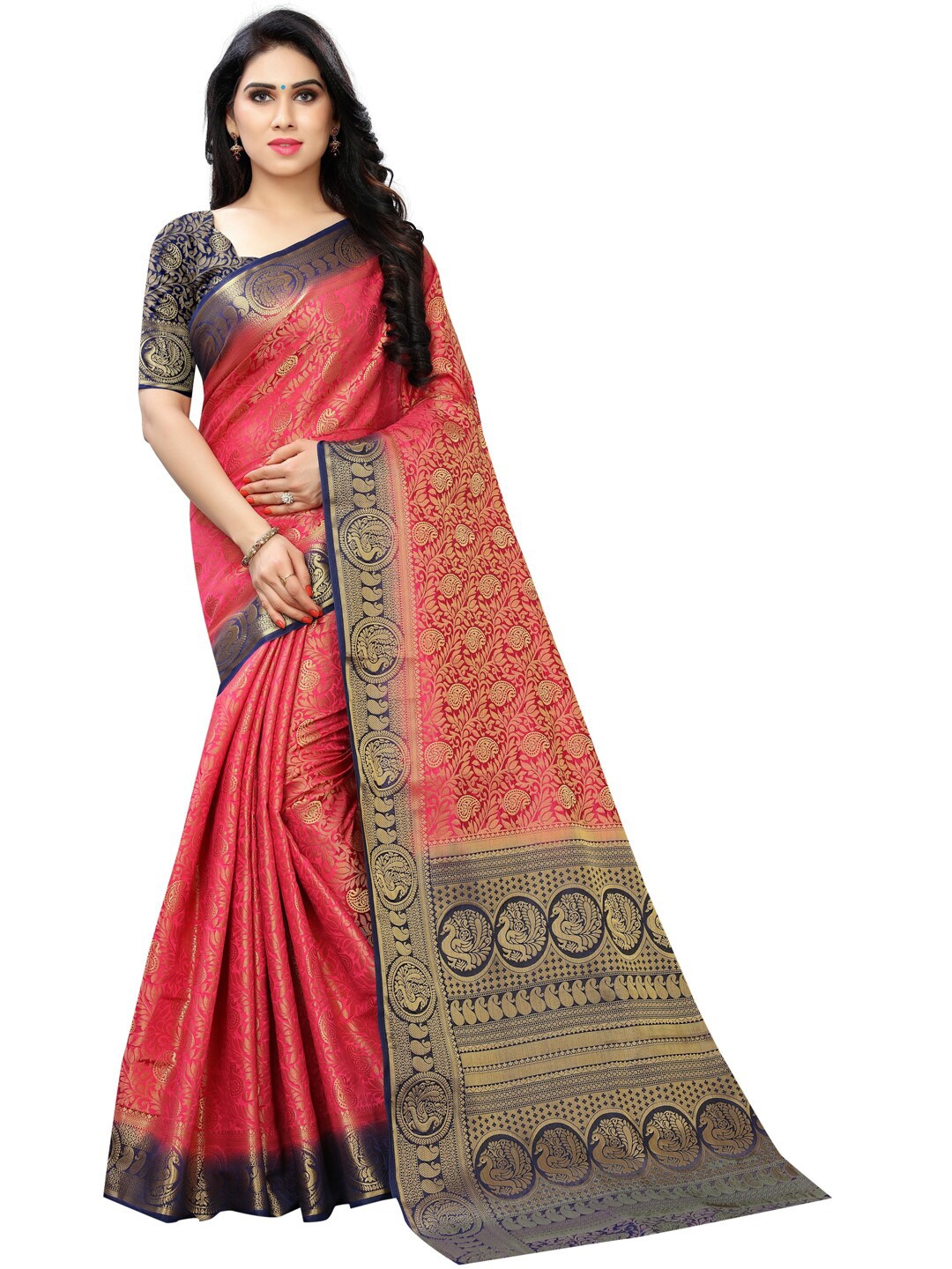 

PERFECT WEAR Pink & Navy Blue Woven Design Zari Silk Cotton Banarasi Saree