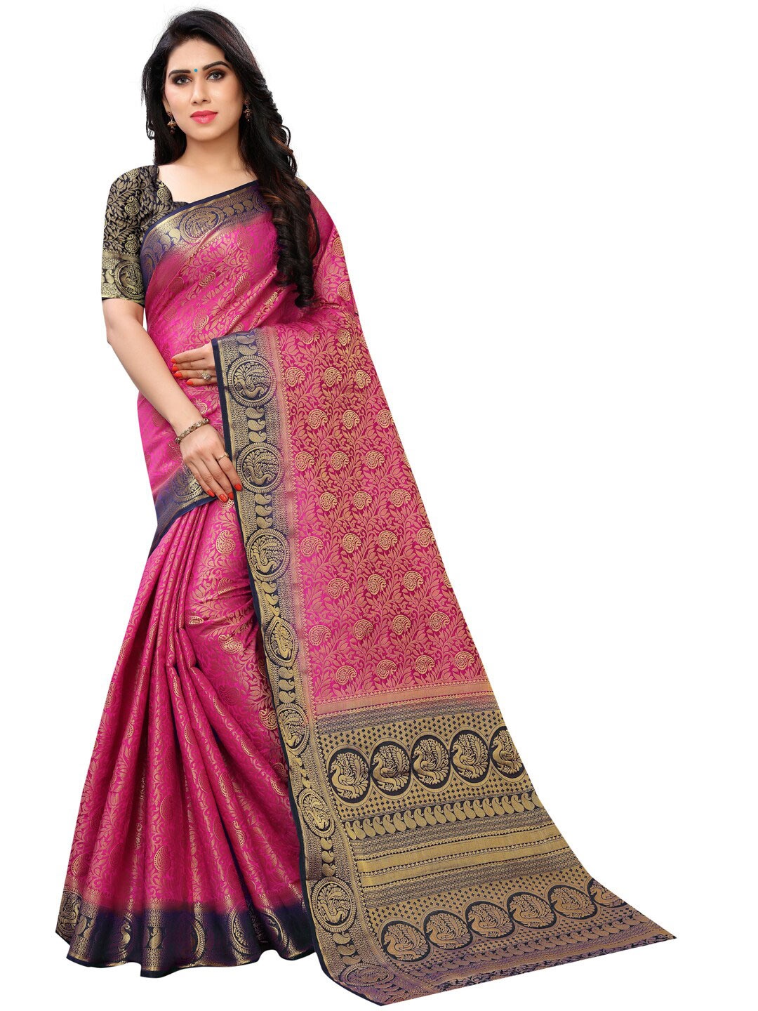 

PERFECT WEAR Pink & Navy Blue Ethnic Motifs Zari Silk Cotton Banarasi Saree