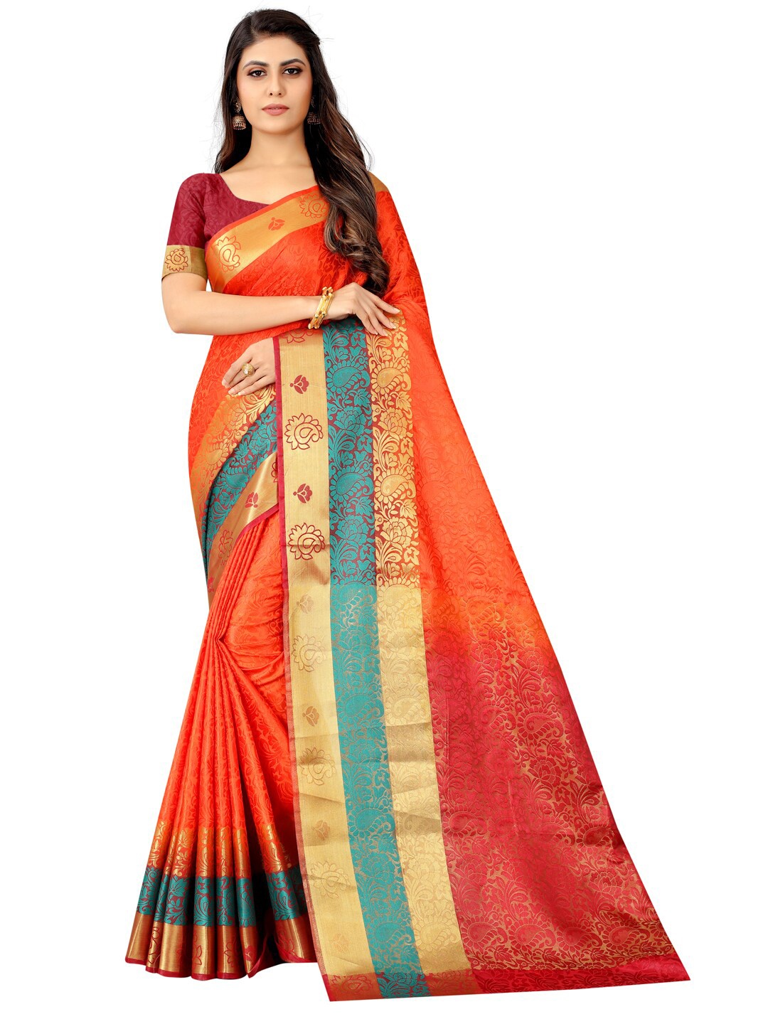 

PERFECT WEAR Rust Red & Gold-Toned Ethnic Motifs Silk Cotton Banarasi Saree