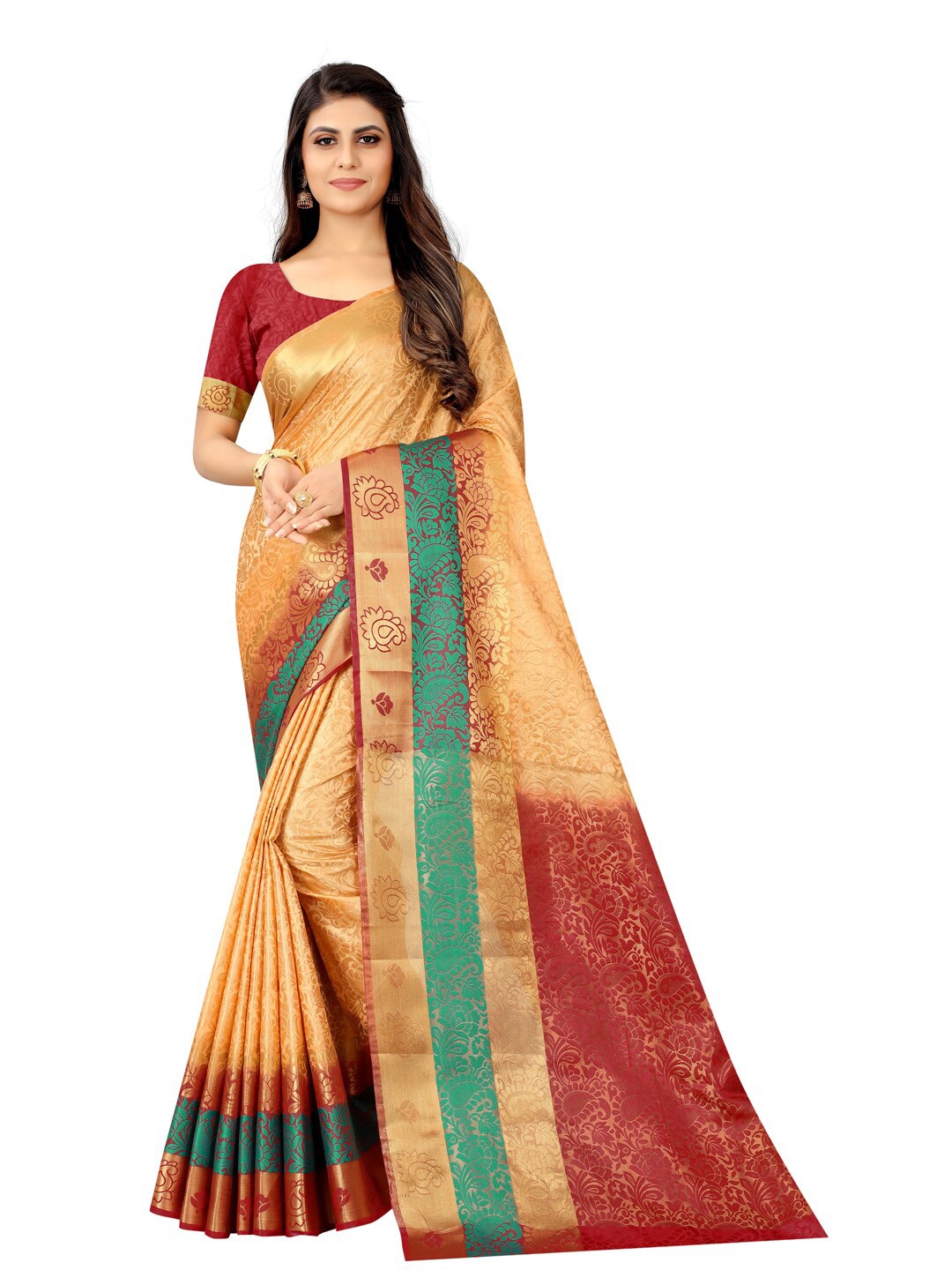 

PERFECT WEAR Cream-Coloured & Red Woven Design Zari Silk Cotton Banarasi Saree