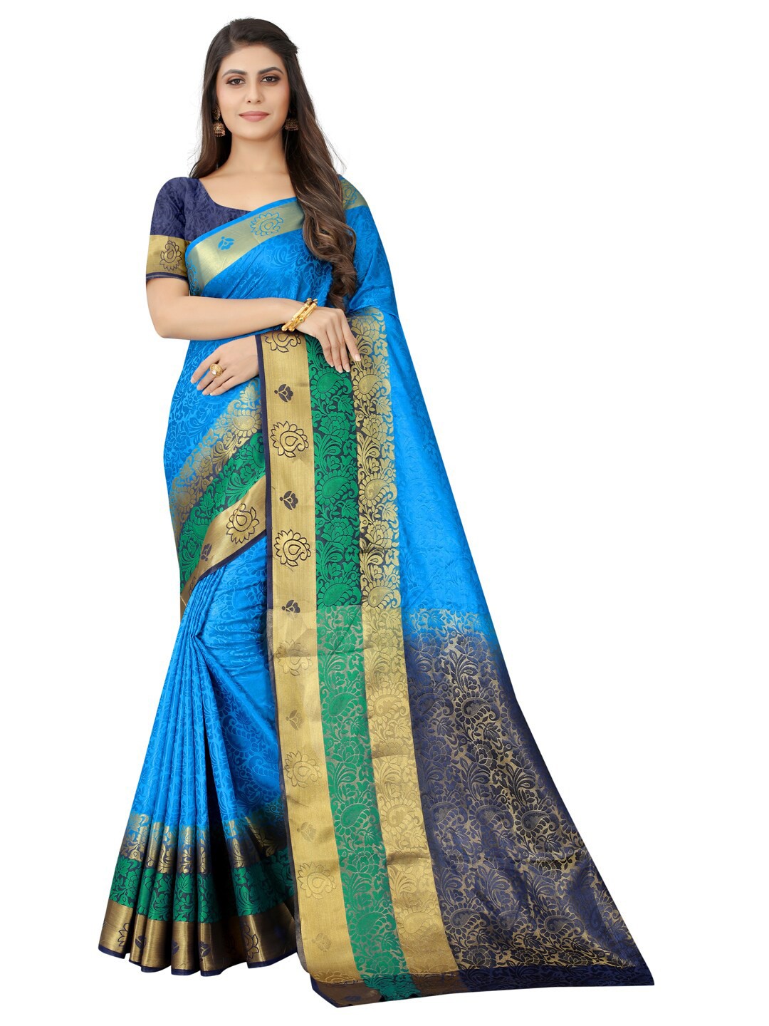 

PERFECT WEAR Blue & Green Paisley Zari Silk Cotton Banarasi Saree