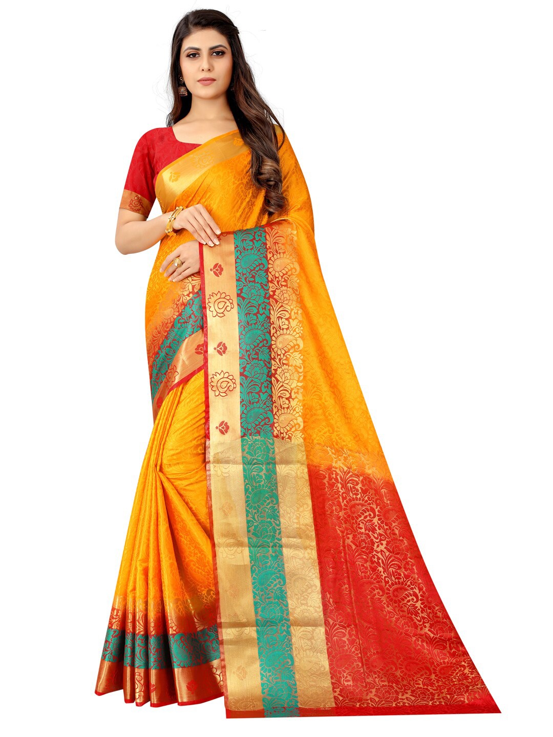 

PERFECT WEAR Mustard & Red Woven Design Zari Silk Cotton Banarasi Saree