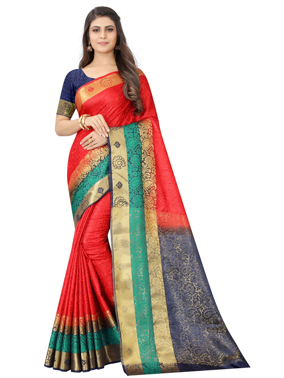 

PERFECT WEAR Red & Navy Blue Woven Design Zari Silk Cotton Banarasi Saree