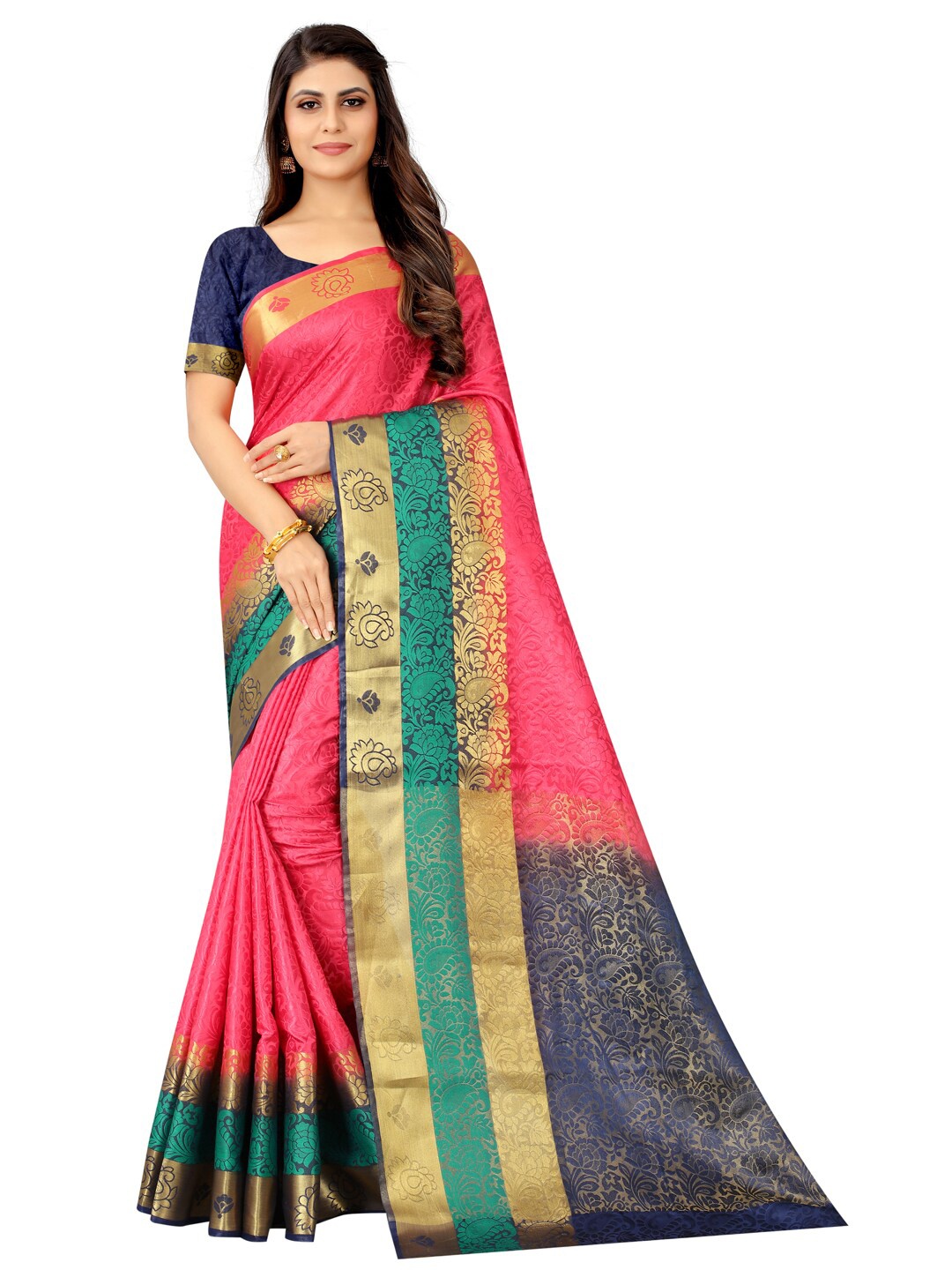 

PERFECT WEAR Pink & Navy Blue Ethnic Motifs Zari Silk Cotton Banarasi Saree