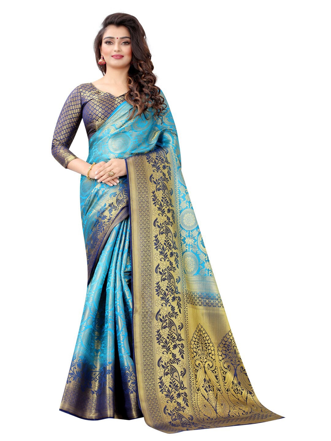 

PERFECT WEAR Blue & Gold-Toned Woven Design Zari Silk Cotton Banarasi Saree