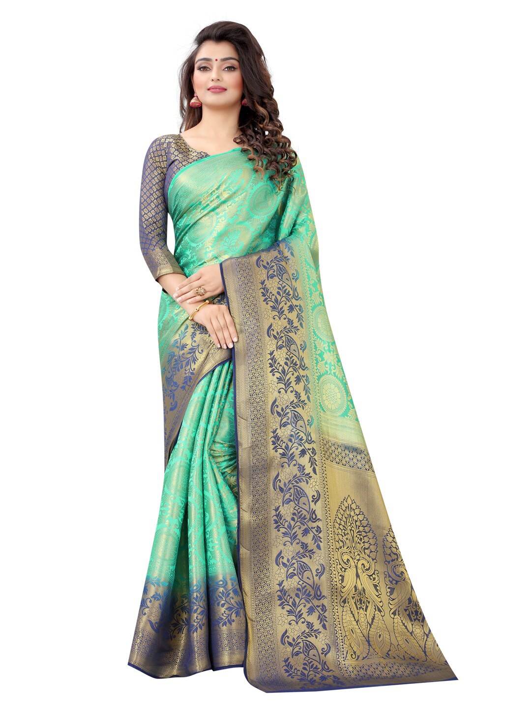 

PERFECT WEAR Sea Green & Navy Blue Woven Design Zari Silk Cotton Banarasi Saree