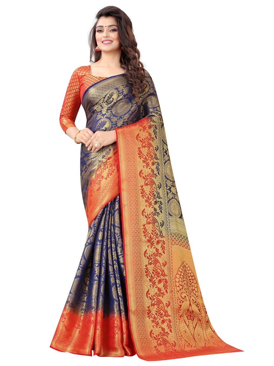 

PERFECT WEAR Navy Blue & Red Woven Design Zari Silk Cotton Banarasi Saree
