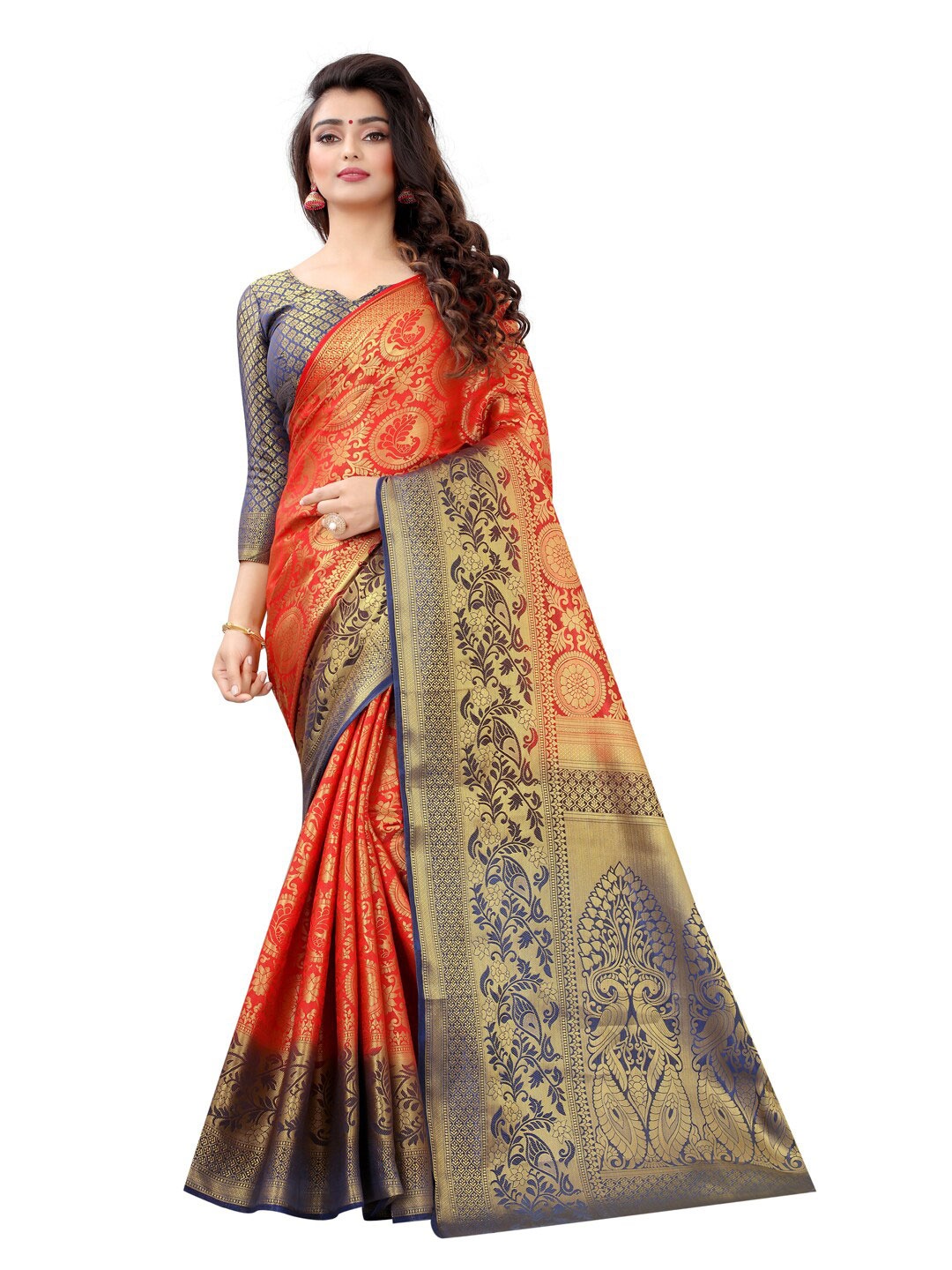 

PERFECT WEAR Red & Navy Blue Ethnic Motifs Zari Silk Cotton Banarasi Saree