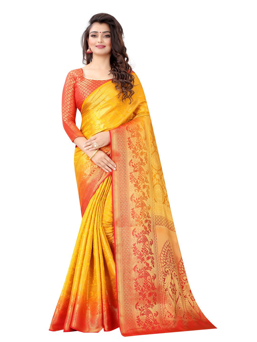 

PERFECT WEAR Yellow & Red Woven Design Zari Silk Cotton Banarasi Saree