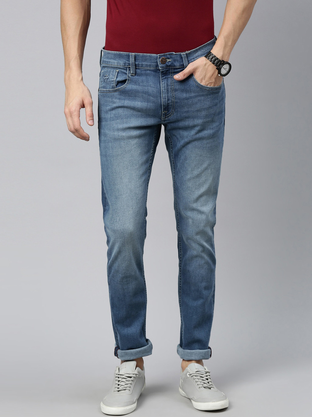 

American Bull Men Blue Skinny Fit Low Distress Light Fade Jeans