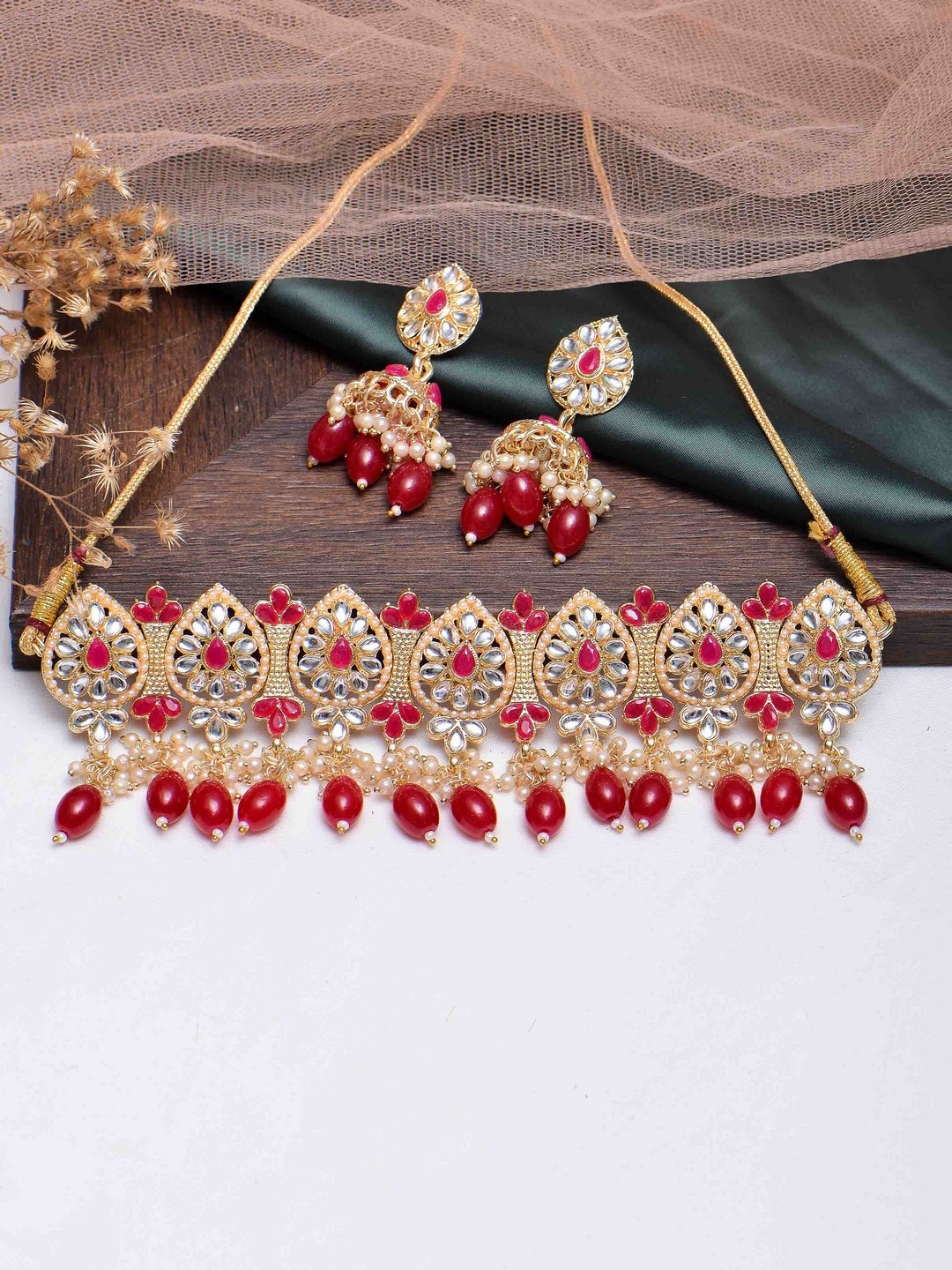 

POPLINS Gold-Toned White & Red Stone-Studded Jewellery Set