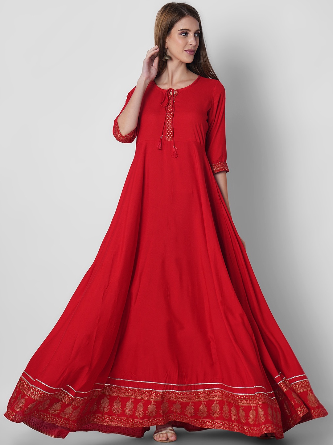 

Sanganeri Kurti Women Red Thread Work Handloom Anarkali Kurta